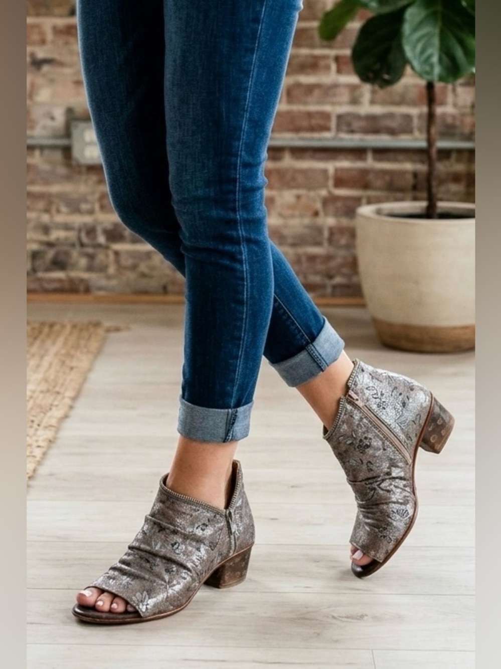 Unity in Diversity Metallic Floral Peep Toe Ruched Ankle Boots